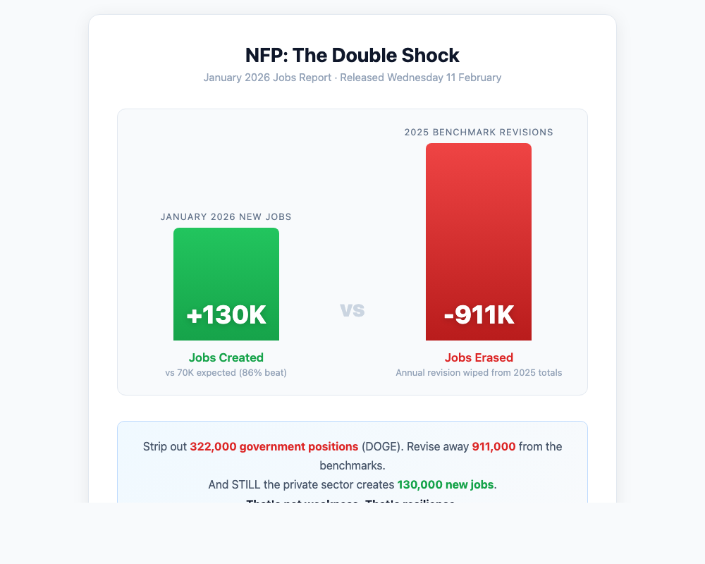 NFP Double Shock — 130K new jobs vs 911K benchmark revision